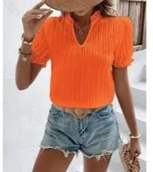 Orange Pleat Notch Neck Puff Sleeve Top - Women thumbnail 2