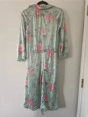 Floral Mint Green Pink Satin Maxi Dress Medium Spa Resort Lounge Caftan Beach thumbnail 6