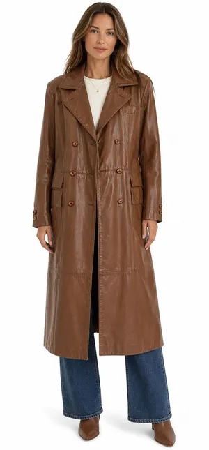 1970s The Tannery For Montgomery Ward Brown Leather Trench Coat M Long Coat thumbnail 1