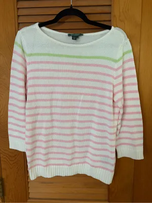 Lauren Ralph Lauren Pink White Striped Cotton 3/4 Sleeve Preppy Sweater Size L thumbnail 2