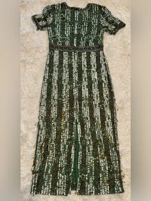 NEW MAC DUGGAL High Neck Short Sleeve Crystal Fringe Column Sage green Dress 10 thumbnail 7