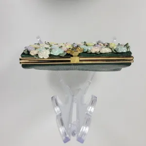 Andé Womens Clutch Bag Green Croc Embossed Pastel Floral Applique Gold Chain thumbnail 13