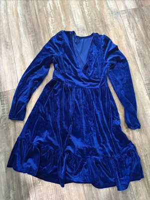 Halara Royal Blue Velvet Deep V Neck Long Sleeve Ruffle Hem Dress Size Small NEW thumbnail 5