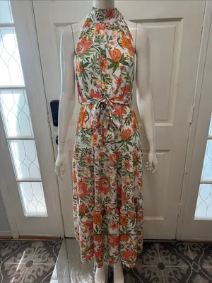 Petal&Pup Floral Halter Maxi Dress in White with Orange & Green Size 4 thumbnail 3
