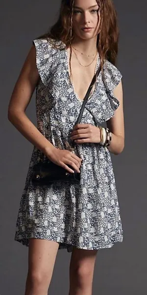 Anthropologie V-neck Plunge Tunic Mini Dress Blue White Floral Ruffle‎ Pockets thumbnail 1