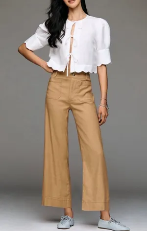 Anthropologie Maeve‎ The Colette Ankle Cropped Linen Wide Leg Pants Tan 29 thumbnail 1