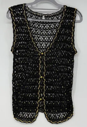 Vintage Korea Black Crochet Gold‎ Beaded Open Knit Boho Festival Vest thumbnail 1