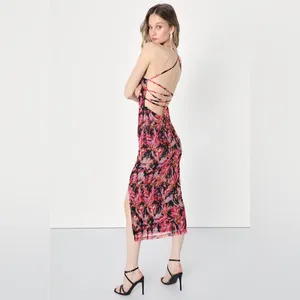 🩷Lulu's‎ My Favorite Attention Navy Blue Floral Mesh Lace-Up Midi Size Medium thumbnail 2