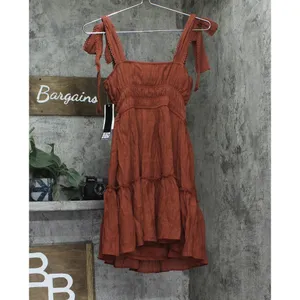 NWT Trixxi Juniors Square-Neck Tie-Strap Fit Flare Mini Dress Brown Orange S thumbnail 6