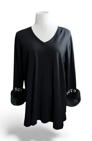 ANNE KLEIN Black Faux‎ Fur Women's XL Embellished V-Neck Sweater Whimsigoth Glam thumbnail 1