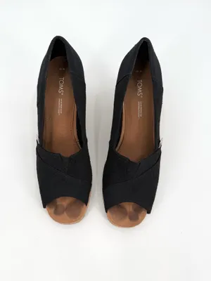Toms Sandals Women’s 10M Black Classic Wedge Espadrille Cork Peep Toe Slip On thumbnail 3