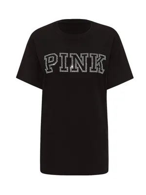 PINK Victoria's Secret Black Bling Diamanté Logo Campus Tee & Fleece Shorts L thumbnail 9