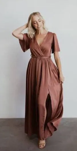 Baltic Born Sicily Short Sleeve Maxi Dress Satin Front Slits Rosy Brown XXL thumbnail 1