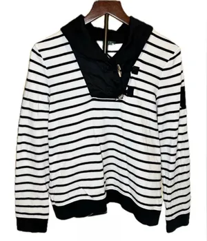 Women's Ralph Lauren Black and White Striped V-Neck Sweater Size Medium thumbnail 1