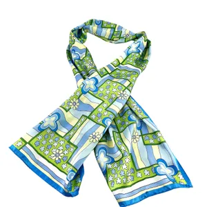 Collection XIIX Fun Mod Geo Blue Green Floral 100% Silk Scarf LTD 10X50 thumbnail 1
