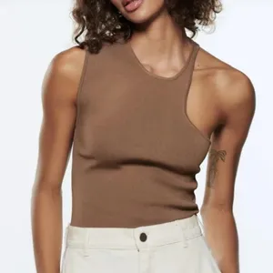 Zara Womens Asymmetric Cutout Ribbed Knit Top Taupe Brown Large thumbnail 1