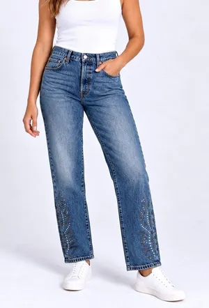 Levis 501 Curve Stretch High Rise Straight‎ Leg Blue Embellished Jeans 30x30 thumbnail 1
