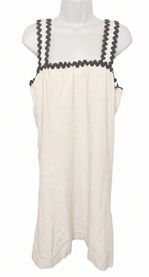 4our Dreamers Size L Cream Linen Blend Dress Black Rickrack Trim Square Neck NWT thumbnail 1