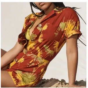 Free‎ People Women's Malibu Romper Size S Red Tropical Palm Print Short Sleeve thumbnail 1