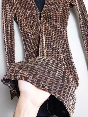 ASTR Nia Metallic Houndstooth Mini Dress XS Copper Black Vneck Jersey Stretch thumbnail 10