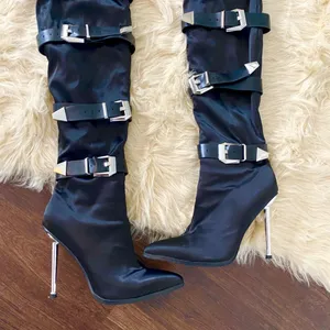Azalea Wang Make it Last Stiletto Boot Black Silver Belt Clasp Lace Up Size 8.5 thumbnail 3