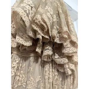 Zara Womens Champagne Floral Lace Maxi Dress Pleated V-Neck Bow Back Formal Gown thumbnail 16