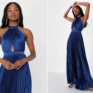 LULU's Prom Wedding Bridesmaid Pleated Satin Open Back Halter Maxi Dress thumbnail 2