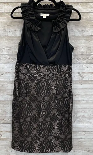 Coldwater Creek Womens‎ 14 Dress Cocktail Black Tan Lace Ruffled Neck Sleeveless thumbnail 1