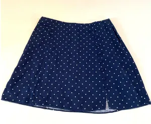 LOFT Polka Dot Flare Skirt Size 8 Navy White Linen Blend Button Detail thumbnail 1