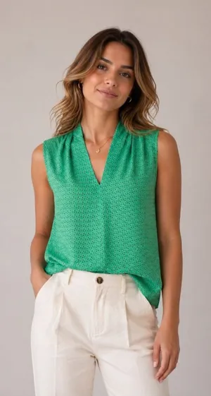 CAbi Style #124 Micro Polka Dot Kelly Green Silk Blend Sleeveless Blouse - L thumbnail 1