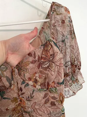 MERAKI Mauve Pink Floral Mesh Ruched Short Sleeve Puff Sleeve Crop Top Blouse L thumbnail 5