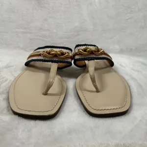Tory Burch Eleanor Thong Sandal Beige Multi Striped Canvas Gold Chain Flat 5.5 thumbnail 7