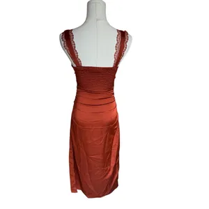 ASTR the Label - Alva Ruched Lace Trim Midi Slip Dress Rust Satin Sz XS thumbnail 5