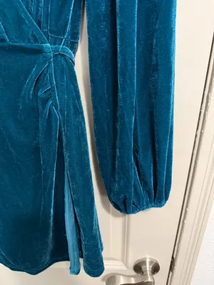 Lulus Luxe to the Touch Blue Velvet Long Sleeve Wrap Womens Mini Dress Teal XL thumbnail 3