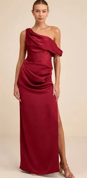 Lulu's One-Shoulder Burgundy Satin Evening Dress thumbnail 1