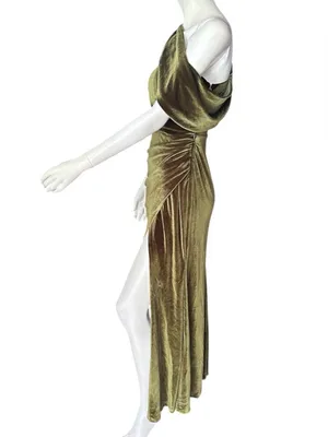 Monvelli One Shoulder Stretch Velvet Gown Olive Green Size 6 NWT thumbnail 2
