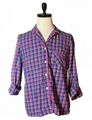 Victorias Secret Plaid Pajama Top Shirt‎ Pink Blue White Metallic L G thumbnail 1