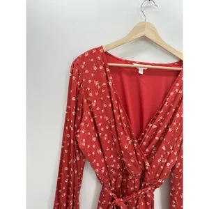 Lauren Conrad Dress Women XXL Red Microfloral Faux Wrap Knee Length‎ Satin Fall thumbnail 4