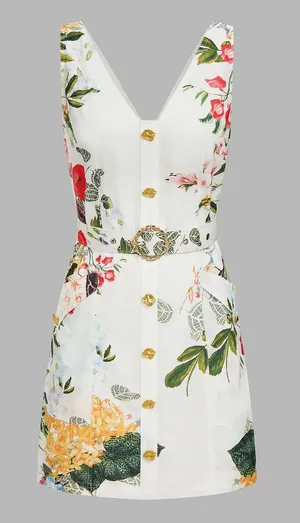 Commense Floral Linen Look Mini Dress with Belt Gold Buttons Size Small NWT thumbnail 1
