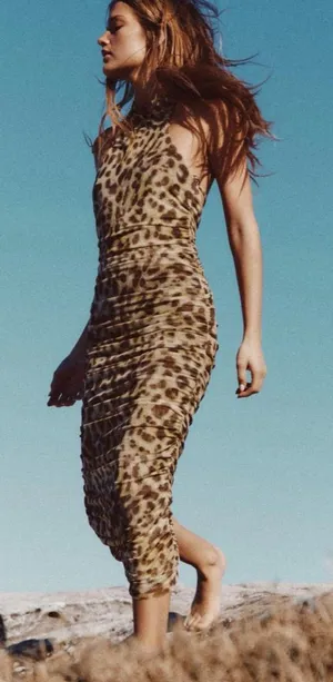 Zara Leopard-Print Ruched Midi Dress in Tan thumbnail 1