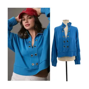 Anthropologie‎ Pilcro Kamrie Popover Top Blue Grommet Pullover Sweatshirt Medium thumbnail 2