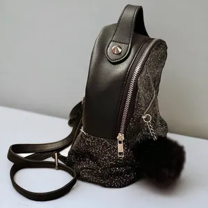 Black Glitter Faux Leather Mini Backpack with Pom-Pom Charm & Zippered Pockets thumbnail 2