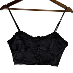 Zara Ruffled Satin Crop Top Adjustable Straps Front Buttons Smocked Back M Black thumbnail 11