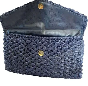 Vintage Navy Blue Woven Straw Envelope Clutch Purse Shoulder Bag thumbnail 4