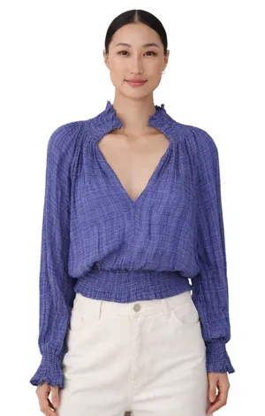 Free People‎ FP One Smocked Gauze Boho Blouse S V-Neck Blouson Long Sleeve thumbnail 1