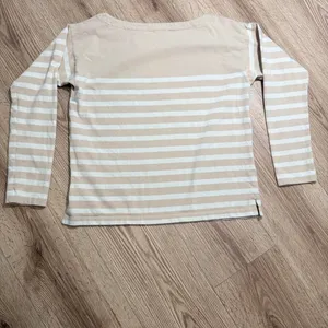 J.Crew Striped Boatneck Top Beige‎ White Long Sleeve Button Shoulder Small thumbnail 2