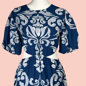 Abercrombie & Fitch Dress XS Blue Waist Cutout Damask Puff Sleeve Maxi Midi Boho thumbnail 9