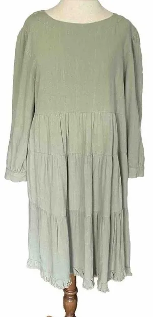 Umgee Tiered‎ Dress Sz MED Sage Green Boho Fringe Peasant Cottage Core thumbnail 1