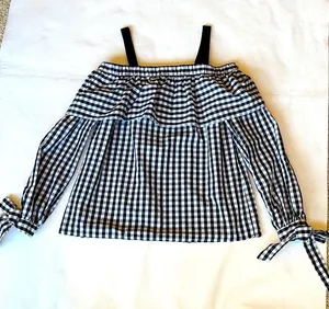 ASOS Cold Shoulder Black & White Plaid Long Sleeve Top thumbnail 1