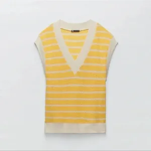 Zara Yellow and White Striped Zara V-Neck Sleeveless Knit Sweater Medium (NWT) thumbnail 6